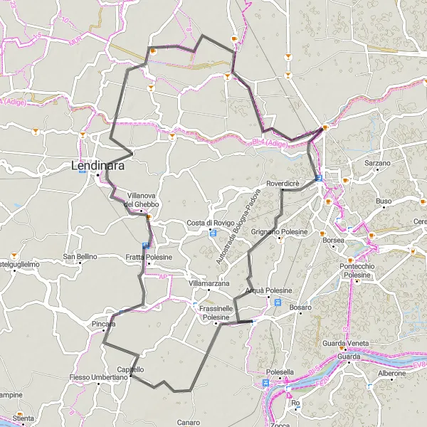 Map miniature of "The Magic of Polesine Road Cycling" cycling inspiration in Veneto, Italy. Generated by Tarmacs.app cycling route planner