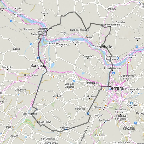 Miniatura della mappa di ispirazione al ciclismo "Giro in bicicletta da Fiesso Umbertiano a Ficarolo" nella regione di Veneto, Italy. Generata da Tarmacs.app, pianificatore di rotte ciclistiche