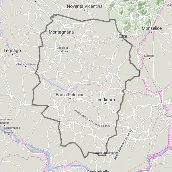 Miniatura della mappa di ispirazione al ciclismo "Circuito ciclistico da Fiesso Umbertiano ad Este" nella regione di Veneto, Italy. Generata da Tarmacs.app, pianificatore di rotte ciclistiche