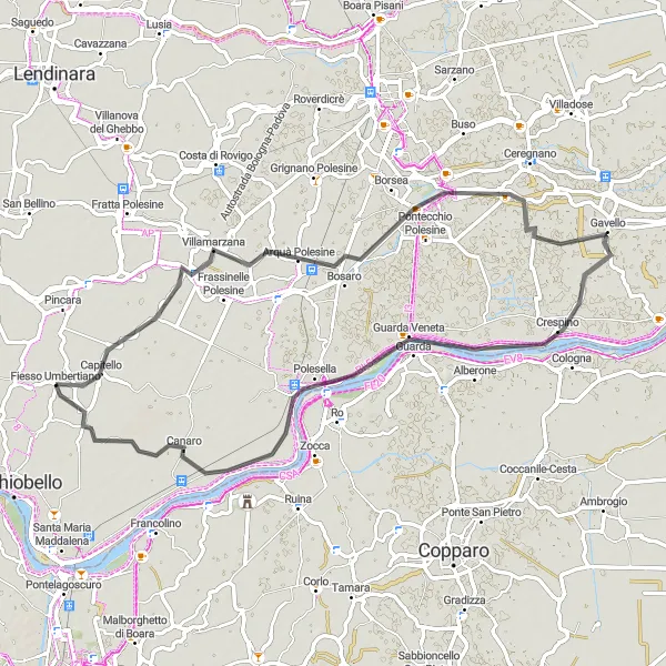 Miniatura della mappa di ispirazione al ciclismo "Circuito delle Meraviglie del Polesine" nella regione di Veneto, Italy. Generata da Tarmacs.app, pianificatore di rotte ciclistiche