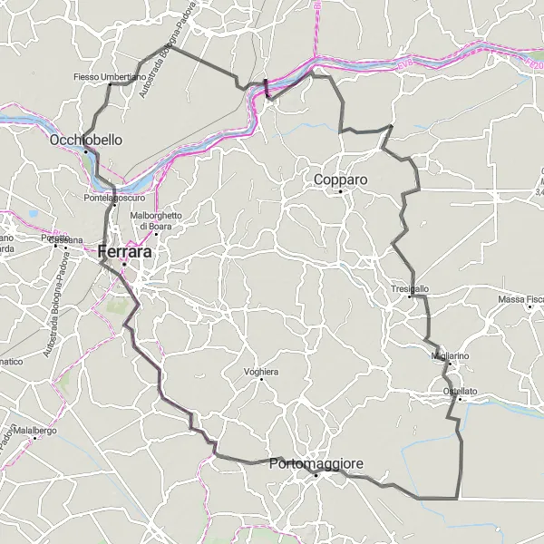 Map miniature of "The Ferrara Loop" cycling inspiration in Veneto, Italy. Generated by Tarmacs.app cycling route planner