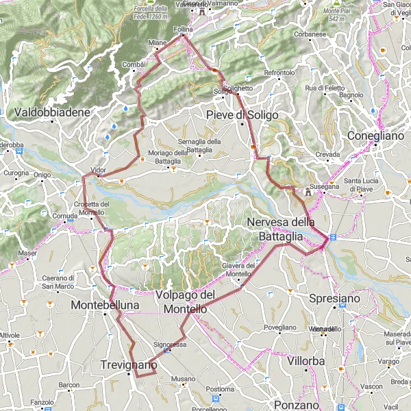 Map miniature of "Vineyards and Gravel Trails" cycling inspiration in Veneto, Italy. Generated by Tarmacs.app cycling route planner