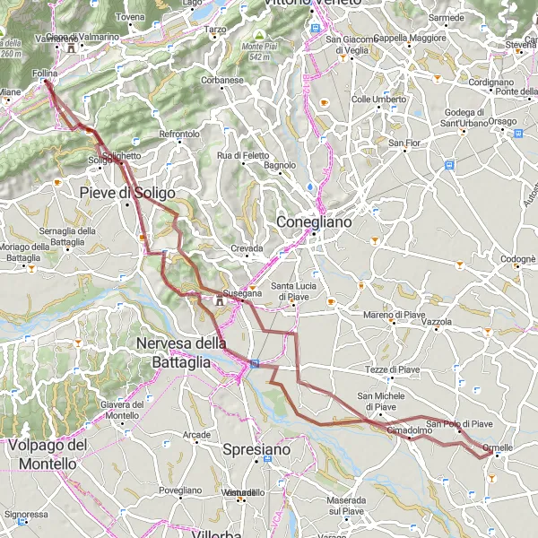 Karttaminiaatyyri "Scenic Gravel Route to Susegana" pyöräilyinspiraatiosta alueella Veneto, Italy. Luotu Tarmacs.app pyöräilyreittisuunnittelijalla
