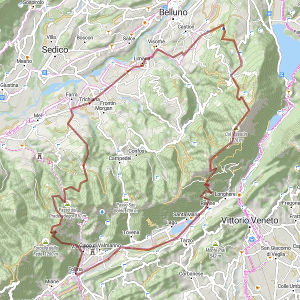 Miniatua del mapa de inspiración ciclista "Desafío de Grava a través de Nevegal, Revine y más" en Veneto, Italy. Generado por Tarmacs.app planificador de rutas ciclistas