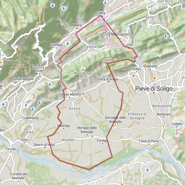 Miniatuurkaart van de fietsinspiratie "Panoramische gravelroute naar Miane via Col Maor en Farra di Soligo" in Veneto, Italy. Gemaakt door de Tarmacs.app fietsrouteplanner