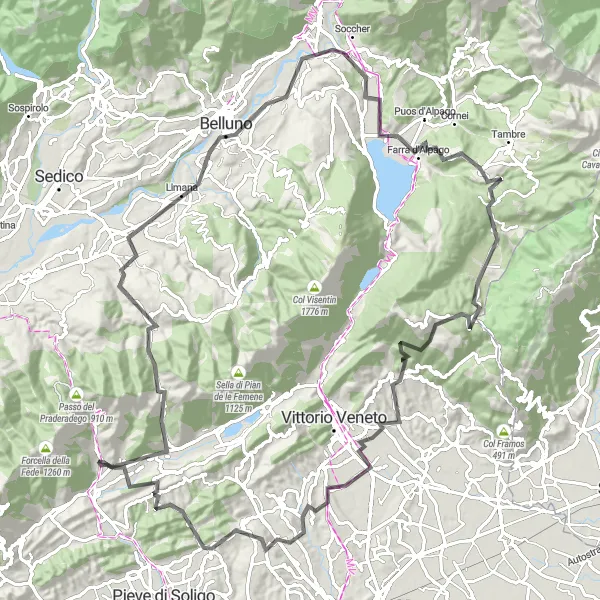 Miniatua del mapa de inspiración ciclista "Ruta en Carretera por las Montañas de Belluno" en Veneto, Italy. Generado por Tarmacs.app planificador de rutas ciclistas