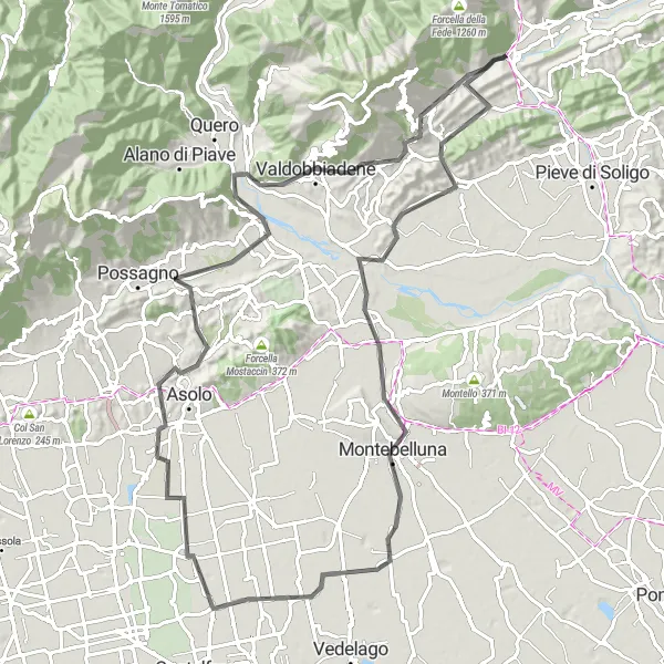 Map miniature of "Climbs and Scenery of Montebelluna" cycling inspiration in Veneto, Italy. Generated by Tarmacs.app cycling route planner