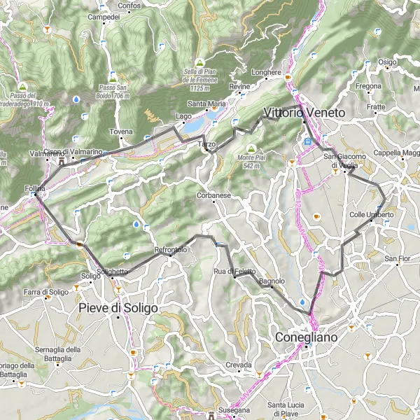 Miniatua del mapa de inspiración ciclista "Ruta en Carretera por Tarzo y Refrontolo" en Veneto, Italy. Generado por Tarmacs.app planificador de rutas ciclistas