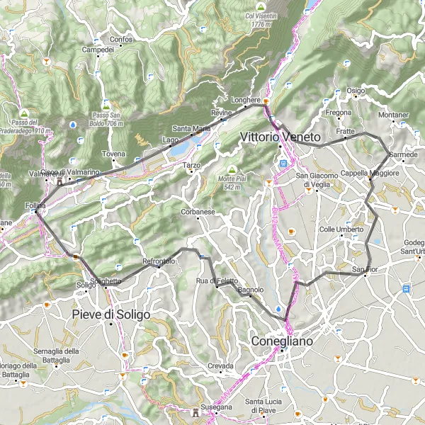 Miniatua del mapa de inspiración ciclista "Ruta por carretera Cison di Valmarino-Follina" en Veneto, Italy. Generado por Tarmacs.app planificador de rutas ciclistas