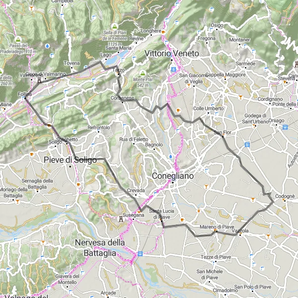 Karttaminiaatyyri "Follina - Cison di Valmarino - Tarzo - Colle Umberto - Mareno di Piave - Pieve di Soligo - Farrò" pyöräilyinspiraatiosta alueella Veneto, Italy. Luotu Tarmacs.app pyöräilyreittisuunnittelijalla