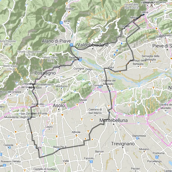 Map miniature of "Road Cycling Experience in Follina" cycling inspiration in Veneto, Italy. Generated by Tarmacs.app cycling route planner