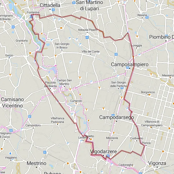 Miniaturní mapa "Gravel do Camposampiero" inspirace pro cyklisty v oblasti Veneto, Italy. Vytvořeno pomocí plánovače tras Tarmacs.app