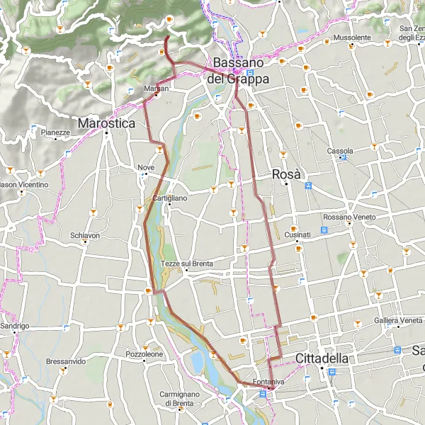 Miniatura della mappa di ispirazione al ciclismo "Grande Giro da Fontaniva a Nove" nella regione di Veneto, Italy. Generata da Tarmacs.app, pianificatore di rotte ciclistiche