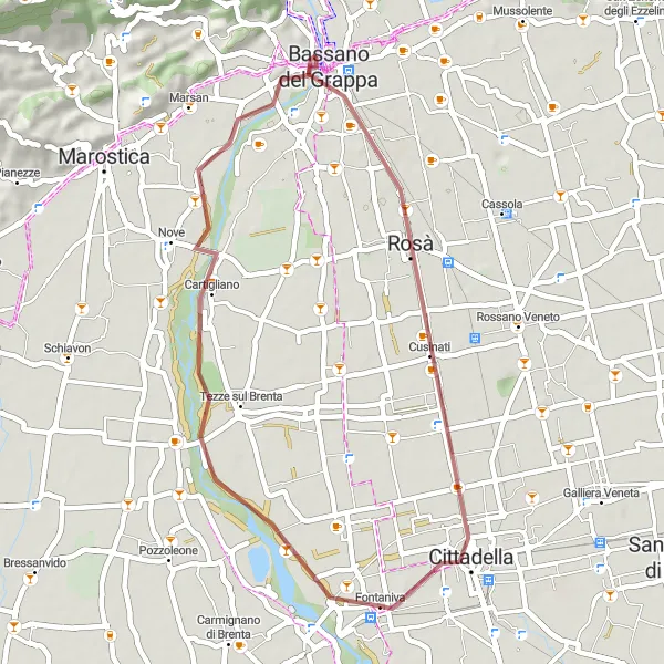 Mapa miniatúra "Gravelová trasa s výstupom do Rosà a Cittadella" cyklistická inšpirácia v Veneto, Italy. Vygenerované cyklistickým plánovačom trás Tarmacs.app