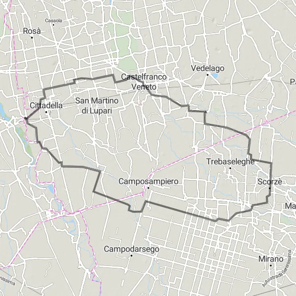 Miniatuurkaart van de fietsinspiratie "Ontspannen fietstocht door middeleeuwse dorpen" in Veneto, Italy. Gemaakt door de Tarmacs.app fietsrouteplanner