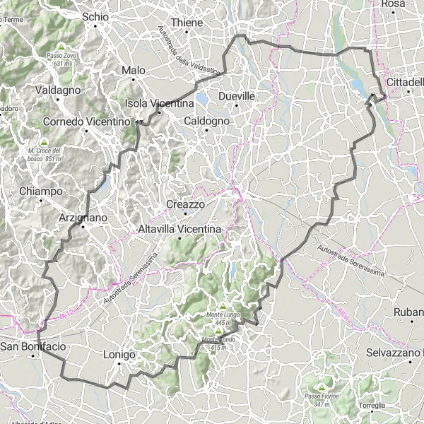 Zemljevid v pomanjšavi "Kolesarska pot v bližini Fontanive - Road" kolesarske inspiracije v Veneto, Italy. Generirano z načrtovalcem kolesarskih poti Tarmacs.app
