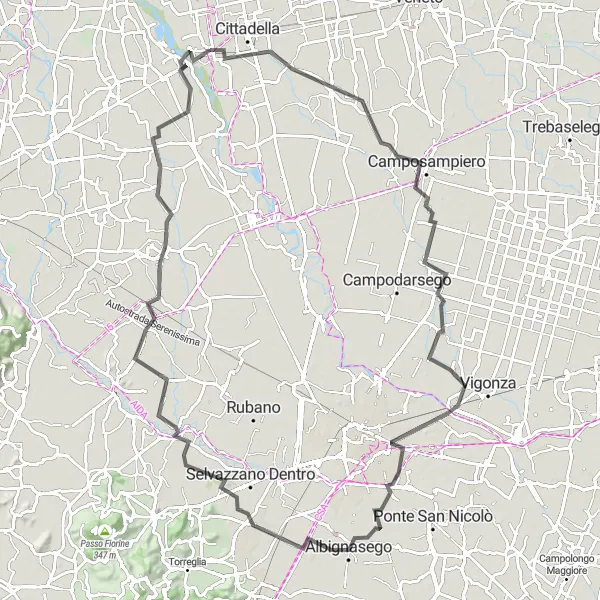 Mapa miniatúra "Cestná trasa s výstupom do Grantorto" cyklistická inšpirácia v Veneto, Italy. Vygenerované cyklistickým plánovačom trás Tarmacs.app