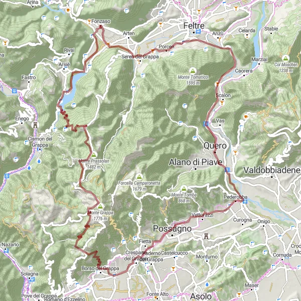 Miniatura della mappa di ispirazione al ciclismo "Tour in gravel lungo 94km da Fonzaso" nella regione di Veneto, Italy. Generata da Tarmacs.app, pianificatore di rotte ciclistiche