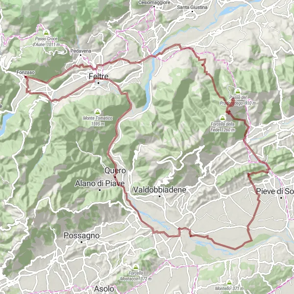 Map miniature of "The Gravel Trail of Valbelluna" cycling inspiration in Veneto, Italy. Generated by Tarmacs.app cycling route planner