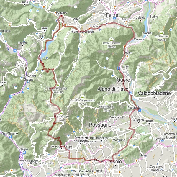 Miniature de la carte de l'inspiration cycliste "Challenging Gravel Route to Campo Croce" dans la Veneto, Italy. Générée par le planificateur d'itinéraire cycliste Tarmacs.app