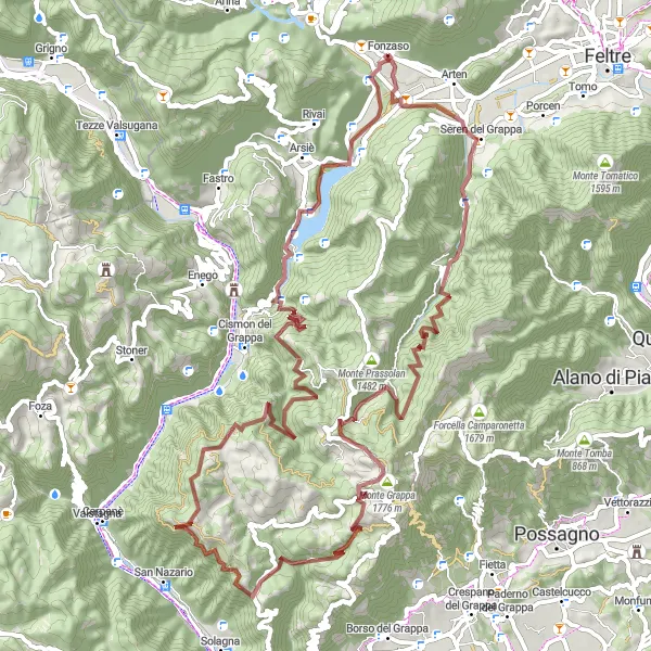 Miniature de la carte de l'inspiration cycliste "Monte Grappa Adventure" dans la Veneto, Italy. Générée par le planificateur d'itinéraire cycliste Tarmacs.app