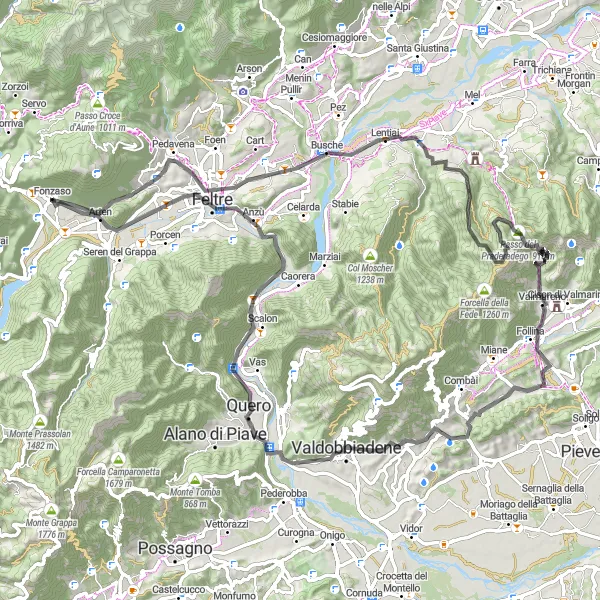 Kartminiatyr av "Utforsk Fonzasos omgivelser på to hjul" sykkelinspirasjon i Veneto, Italy. Generert av Tarmacs.app sykkelrutoplanlegger