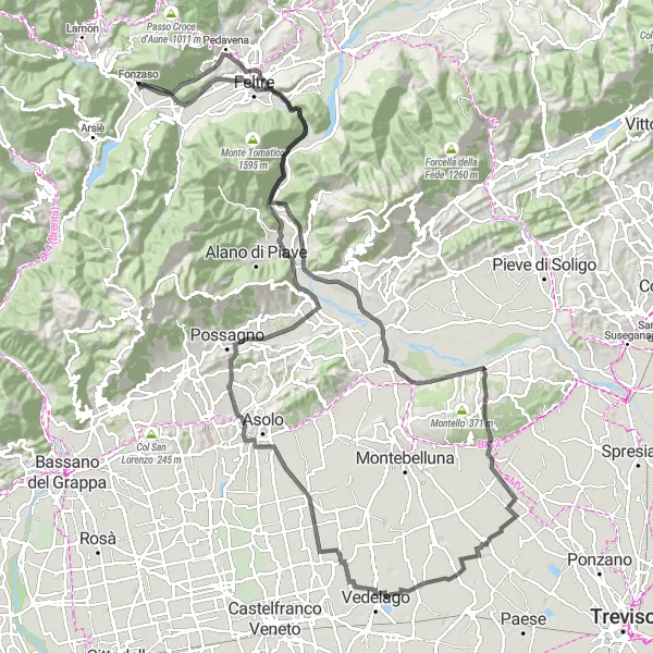 Kartminiatyr av "Slott och kullar" cykelinspiration i Veneto, Italy. Genererad av Tarmacs.app cykelruttplanerare
