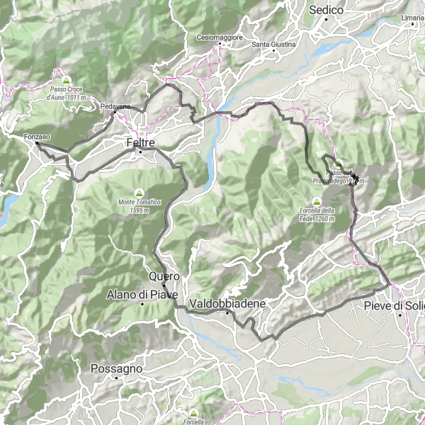 Miniatura della mappa di ispirazione al ciclismo "Giro da Fonzaso attraverso Monte Aurin e Col dei Facchin" nella regione di Veneto, Italy. Generata da Tarmacs.app, pianificatore di rotte ciclistiche