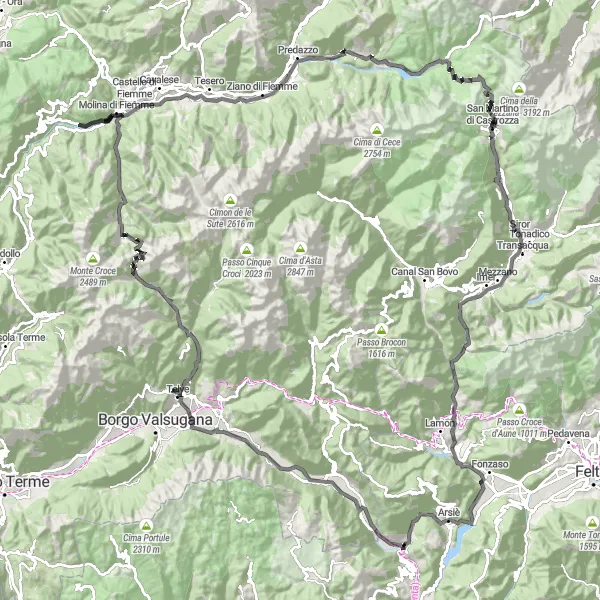 Kartminiatyr av "Utmanande cykeltur till Passo Manghen" cykelinspiration i Veneto, Italy. Genererad av Tarmacs.app cykelruttplanerare