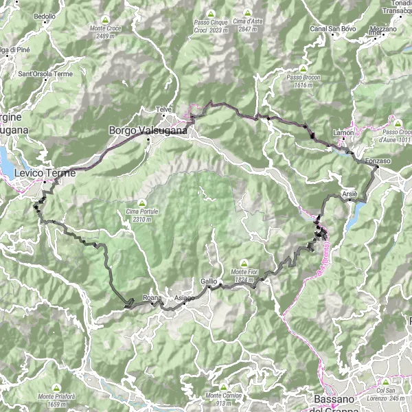 Kartminiatyr av "Utforsk Arsie til Villa Angeli - Sarnthein" sykkelinspirasjon i Veneto, Italy. Generert av Tarmacs.app sykkelrutoplanlegger