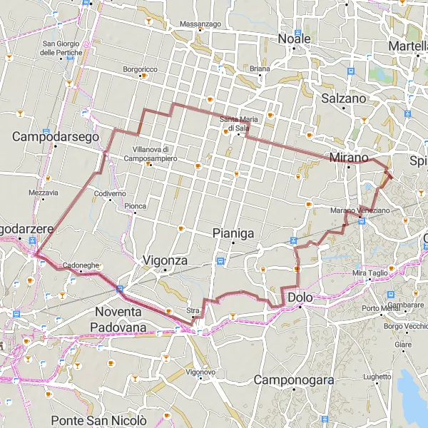 Mapa miniatúra "Od Villa Pisani po Santa Maria di Sala skrz Mirano" cyklistická inšpirácia v Veneto, Italy. Vygenerované cyklistickým plánovačom trás Tarmacs.app