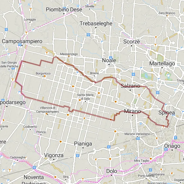 Miniaturní mapa "Gravel Mirano Loop" inspirace pro cyklisty v oblasti Veneto, Italy. Vytvořeno pomocí plánovače tras Tarmacs.app