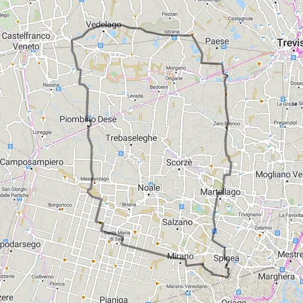 Zemljevid v pomanjšavi "Kolesarska pot proti Miranu" kolesarske inspiracije v Veneto, Italy. Generirano z načrtovalcem kolesarskih poti Tarmacs.app