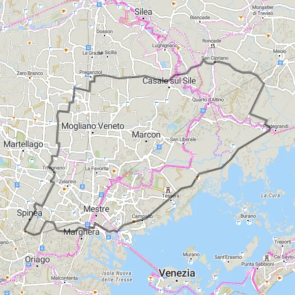 Miniatura della mappa di ispirazione al ciclismo "Giro in Bici da Fornase a Spinea e Marghera" nella regione di Veneto, Italy. Generata da Tarmacs.app, pianificatore di rotte ciclistiche