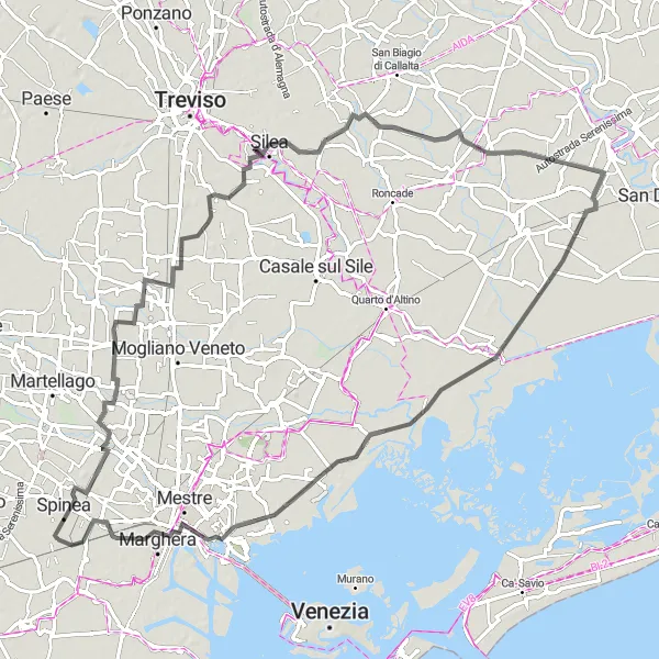 Zemljevid v pomanjšavi "Kolesarska avantura od Spinee do Marghere" kolesarske inspiracije v Veneto, Italy. Generirano z načrtovalcem kolesarskih poti Tarmacs.app