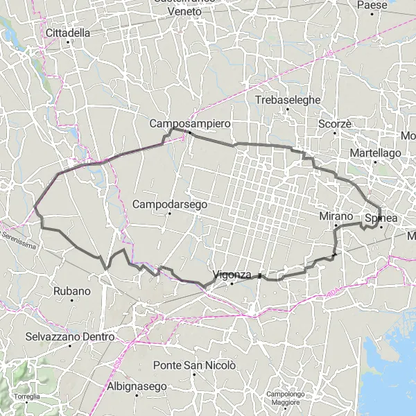 Miniatura della mappa di ispirazione al ciclismo "Giro in Bici da Fornase a Vetrego e Noale" nella regione di Veneto, Italy. Generata da Tarmacs.app, pianificatore di rotte ciclistiche