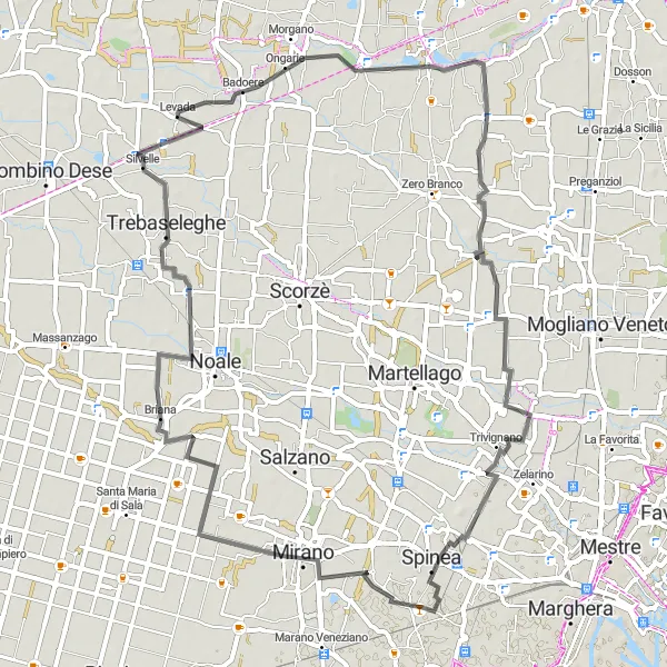 Karten-Miniaturansicht der Radinspiration "Fornase-Route über Trebaseleghe, Quinto di Treviso und Trivignano" in Veneto, Italy. Erstellt vom Tarmacs.app-Routenplaner für Radtouren