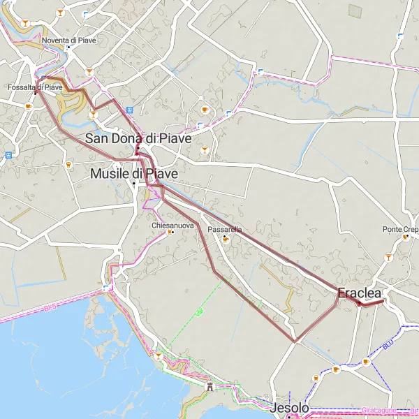 Kartminiatyr av "Grusvägscykeltur till San Donà di Piave" cykelinspiration i Veneto, Italy. Genererad av Tarmacs.app cykelruttplanerare