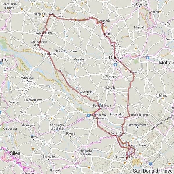 Zemljevid v pomanjšavi "Gravelna pot od Fossalte di Piave do Noventa di Piave" kolesarske inspiracije v Veneto, Italy. Generirano z načrtovalcem kolesarskih poti Tarmacs.app