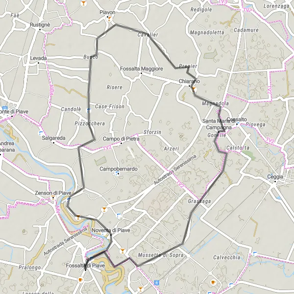 Mapa miniatúra "Okruh cez Noventu di Piave" cyklistická inšpirácia v Veneto, Italy. Vygenerované cyklistickým plánovačom trás Tarmacs.app
