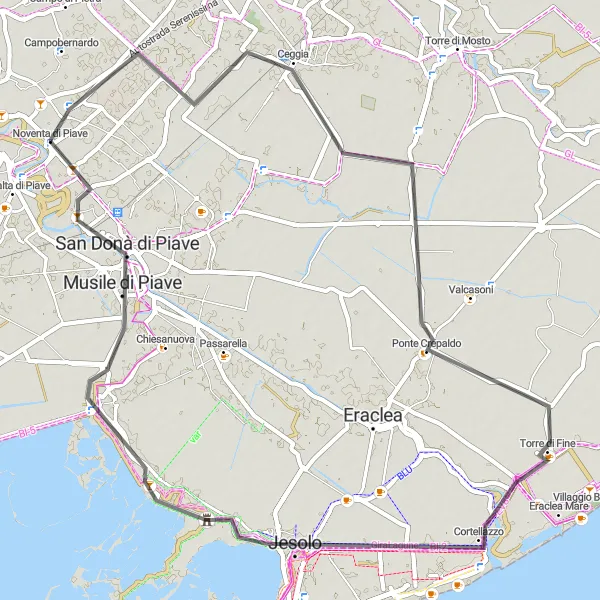 Mapa miniatúra "Jesolo a Cortellazzo cyklistická trasa" cyklistická inšpirácia v Veneto, Italy. Vygenerované cyklistickým plánovačom trás Tarmacs.app