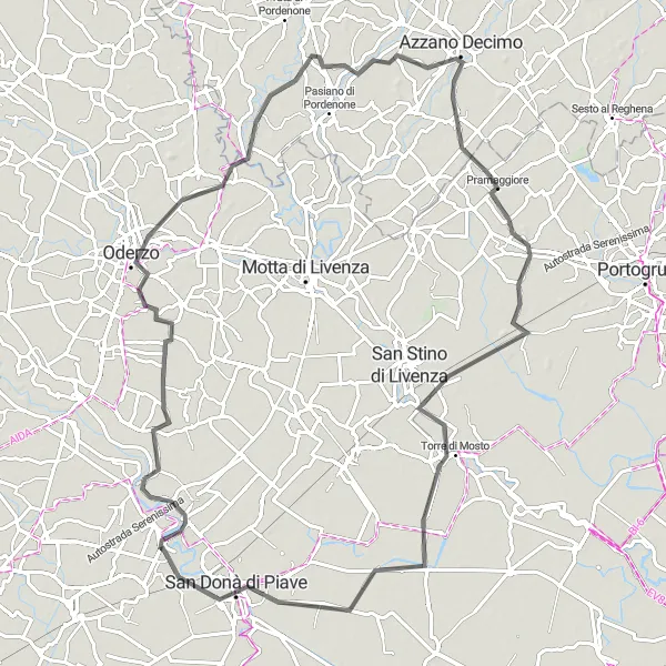 Map miniature of "Fossalta di Piave and Beyond: A Fascinating Cycling Journey" cycling inspiration in Veneto, Italy. Generated by Tarmacs.app cycling route planner