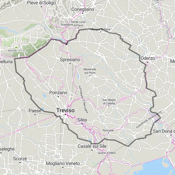 Miniaturní mapa "Road Trip k Volpago del Montello" inspirace pro cyklisty v oblasti Veneto, Italy. Vytvořeno pomocí plánovače tras Tarmacs.app