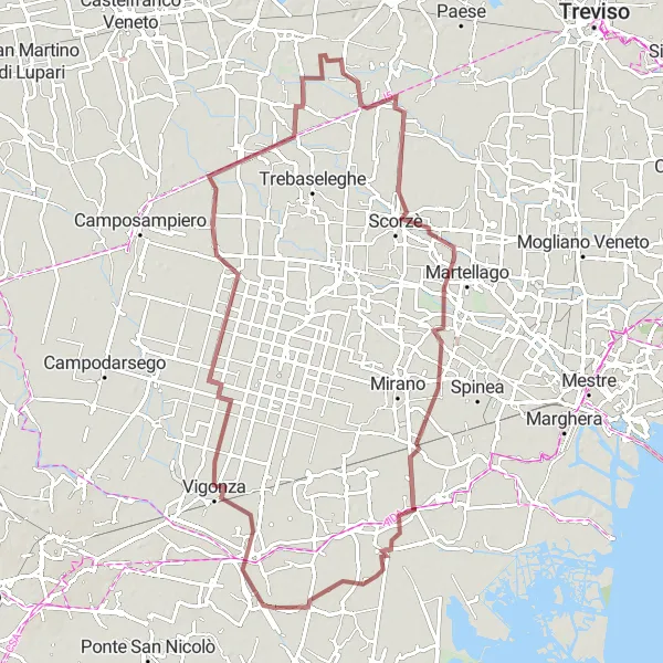 Miniatura della mappa di ispirazione al ciclismo "Giro in Gravel tra Vigonovo e Fossò" nella regione di Veneto, Italy. Generata da Tarmacs.app, pianificatore di rotte ciclistiche