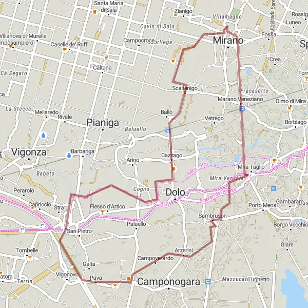 Miniatura della mappa di ispirazione al ciclismo "Percorso in Gravel verso Mirano e Fossò" nella regione di Veneto, Italy. Generata da Tarmacs.app, pianificatore di rotte ciclistiche