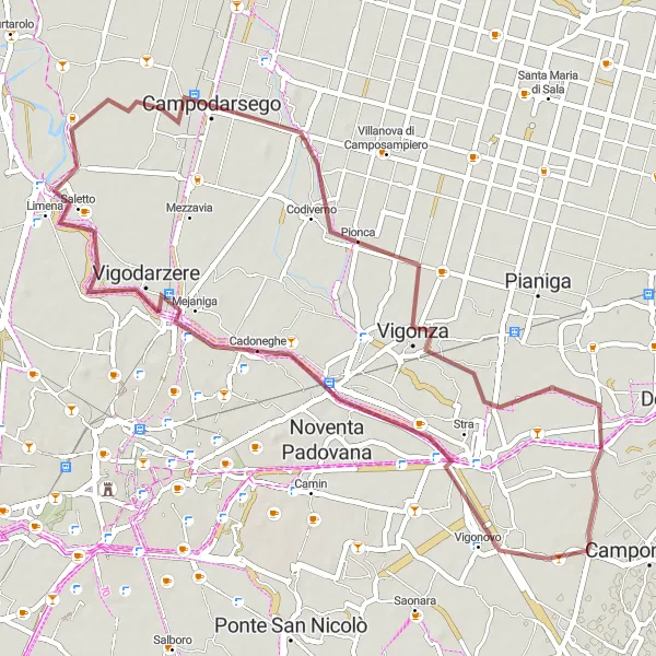 Miniatura della mappa di ispirazione al ciclismo "Avventure in bicicletta a Fossò" nella regione di Veneto, Italy. Generata da Tarmacs.app, pianificatore di rotte ciclistiche