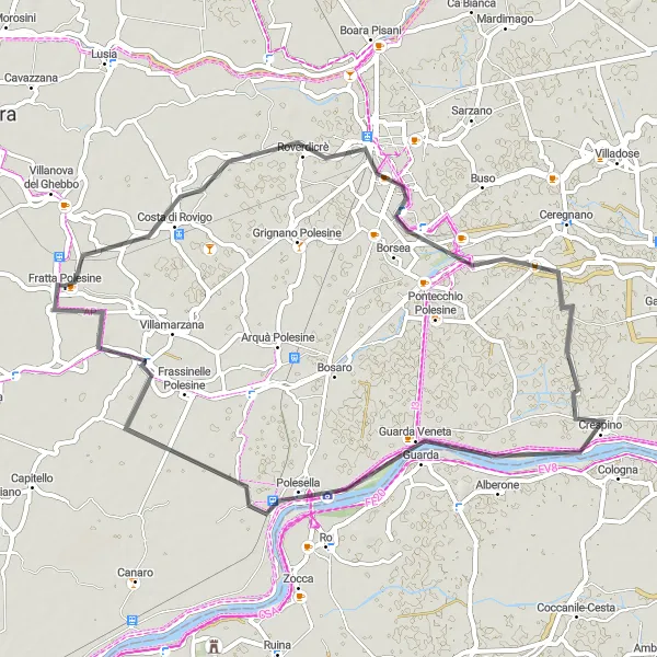 Miniatua del mapa de inspiración ciclista "Rovigo to Guarda Veneta Loop" en Veneto, Italy. Generado por Tarmacs.app planificador de rutas ciclistas
