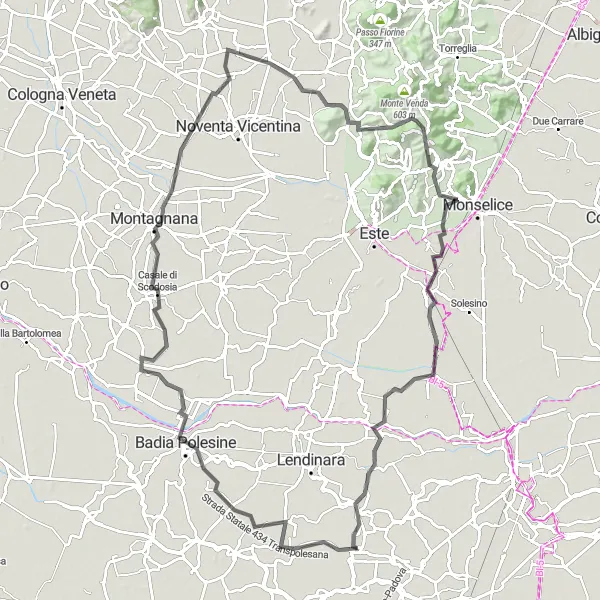 Miniatura della mappa di ispirazione al ciclismo "Giro da Fratta Polesine attraverso Monti e Villaggi" nella regione di Veneto, Italy. Generata da Tarmacs.app, pianificatore di rotte ciclistiche