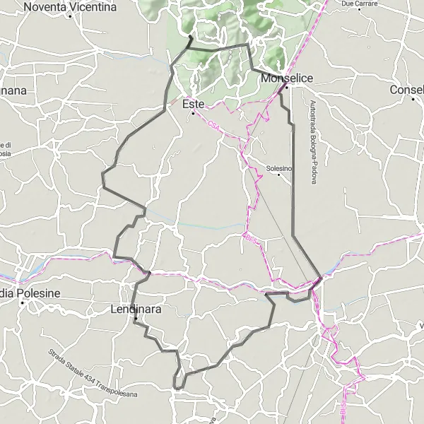 Miniaturní mapa "Historický výlet kolem Monselice" inspirace pro cyklisty v oblasti Veneto, Italy. Vytvořeno pomocí plánovače tras Tarmacs.app