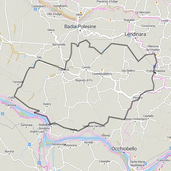 Miniaturní mapa "Cyklistická trasa okolo Fratty Polesine" inspirace pro cyklisty v oblasti Veneto, Italy. Vytvořeno pomocí plánovače tras Tarmacs.app